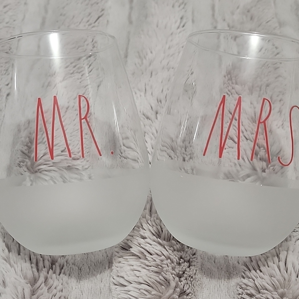 Rae Dunn Mr. and Mrs. Stemless Wine Glasses with Frosted Bottoms
